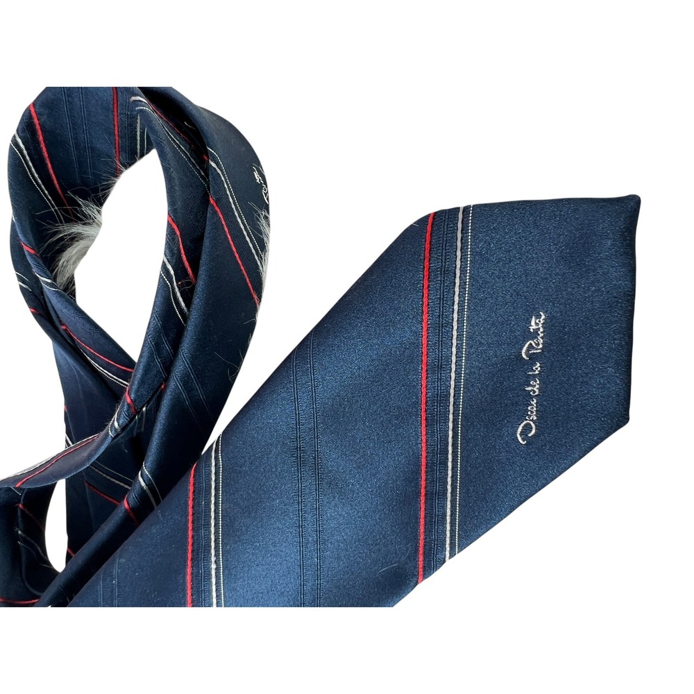 Vtg Oscar de la Renta 80s Silk Necktie Preppy Navy Blue‎ Striped Luxury Designer